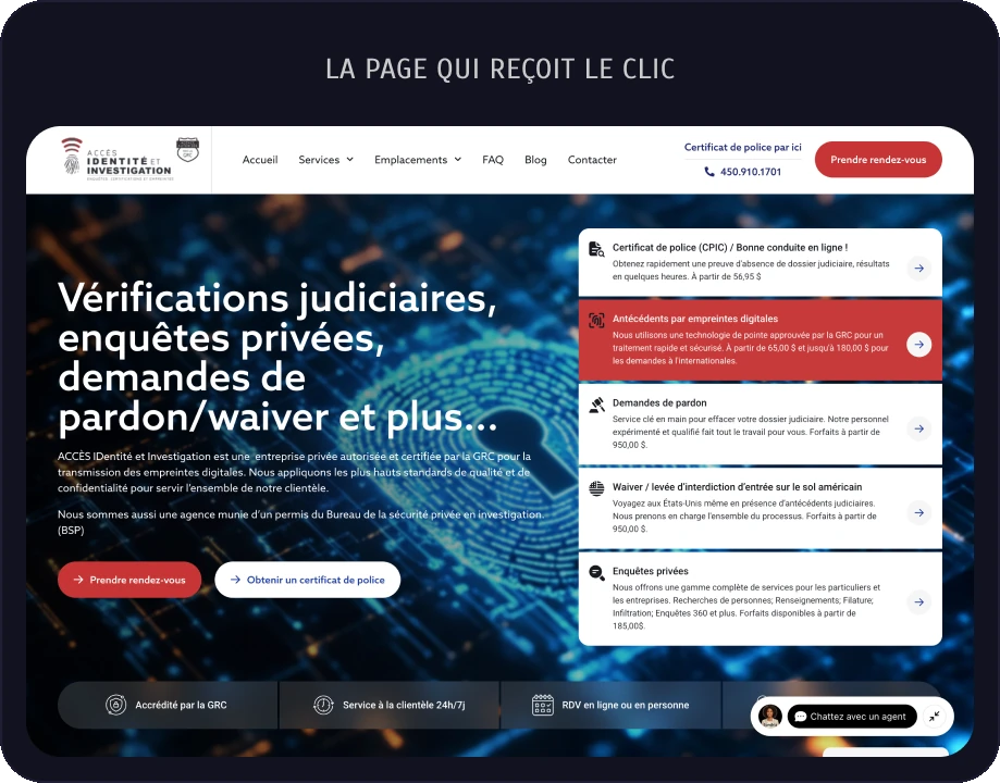 La page qui reçoit le clic : accesidentite.com/certificat-de-police