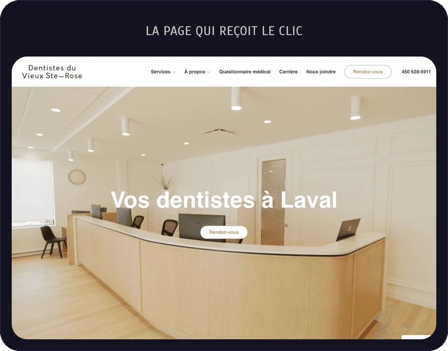 La page qui reçoit le clic : dentistesduvieuxsterose.com