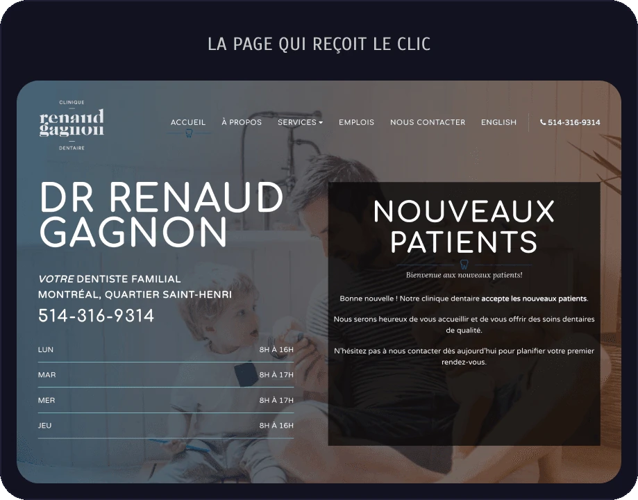La page qui reçoit le clic : cliniquerenaudgagnon.com