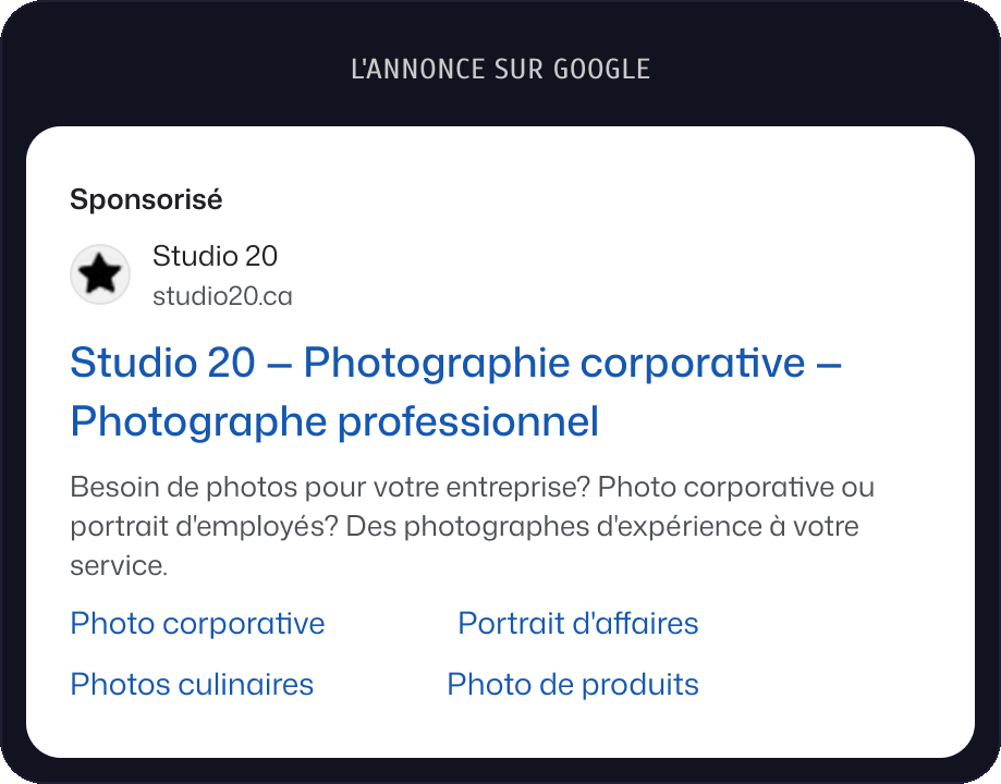 L'annonce sur Google : Studio 20, Photographie corporative, Photographe professionnel