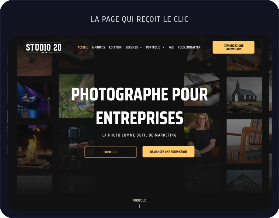 La page qui reçoit le clic : studio20.ca