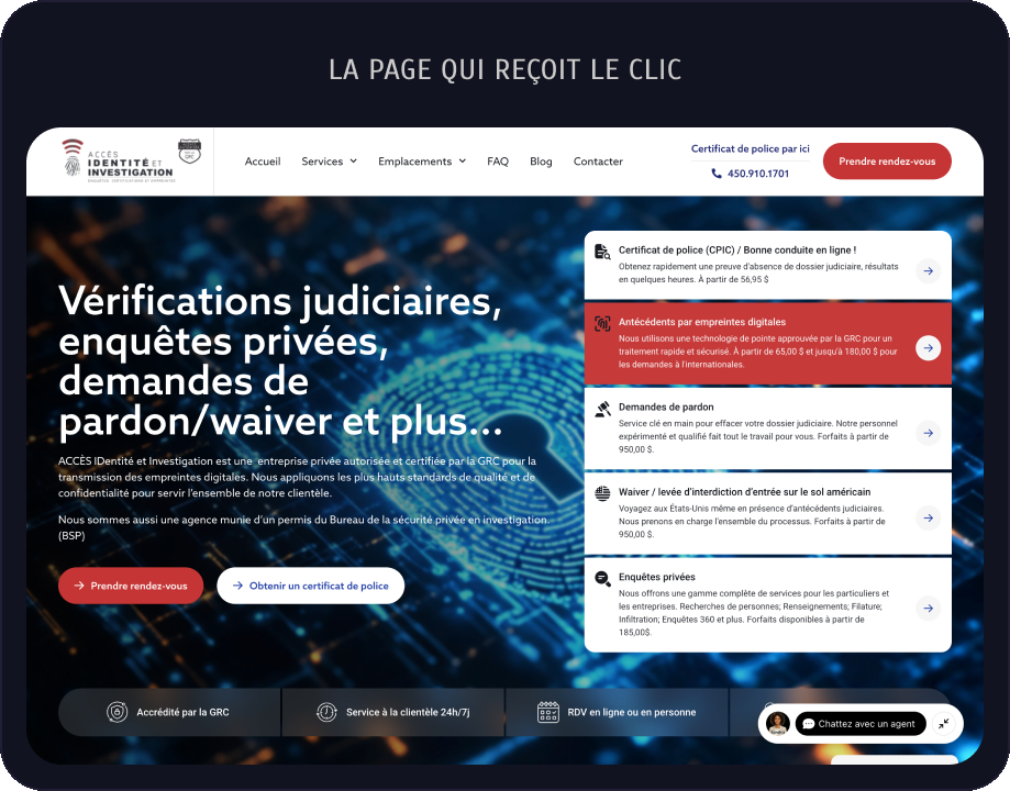 La page qui reçoit le clic : accesidentite.com/certificat-de-police