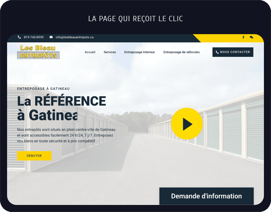 La page qui reçoit le clic : lesbleauentrepots.ca