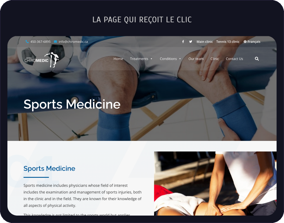 La page qui reçoit le clic : chiromedic.ca/medecine-sportive