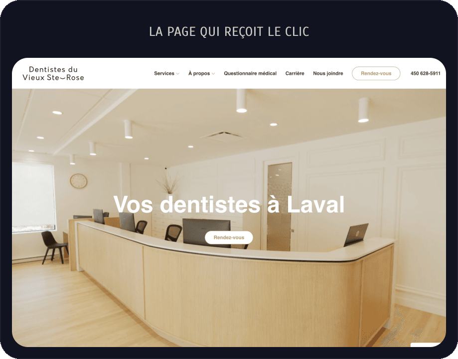 La page qui reçoit le clic : dentistesduvieuxsterose.com