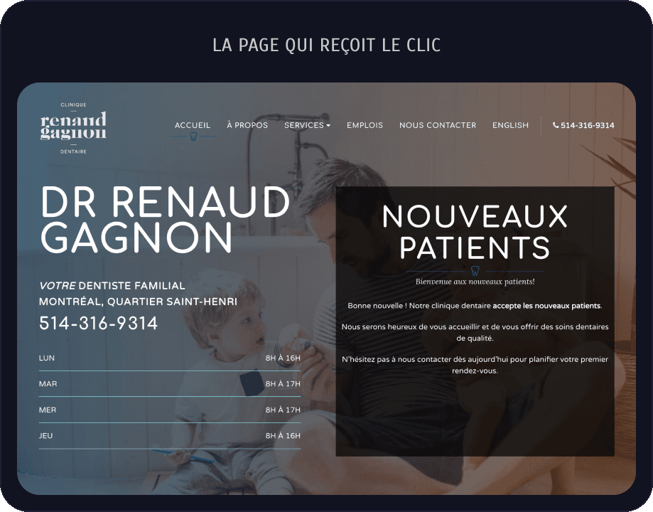 La page qui reçoit le clic : cliniquerenaudgagnon.com